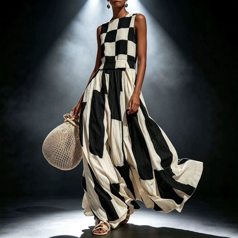 Zara Summer Geometric Pattern Round Neck Sleeveless Casual Loose Long Dress
